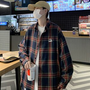 C83潮牌宽松酒红色格子衬衫男女情侣街头流行通勤长袖衬衣薄外套图片