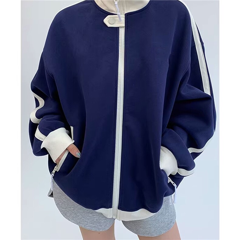 WY841-P65-450克美式慵懒chic新款复古撞色运动休闲立领卫衣外套,女装短外套,星座1811B