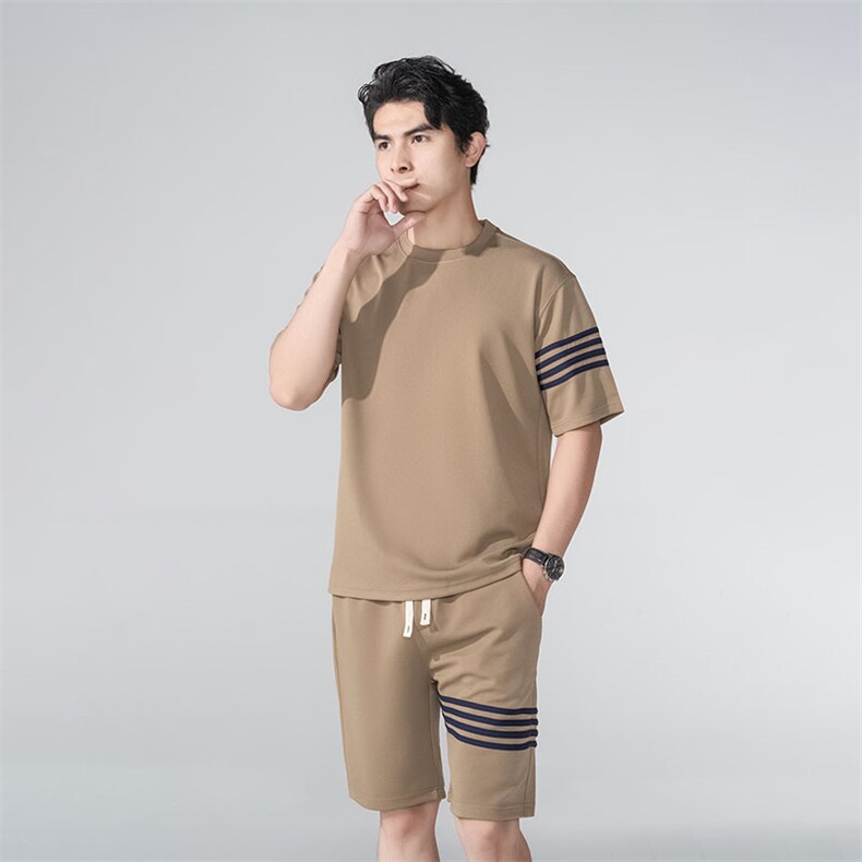 R-WL2807夏季男式短袖短裤二件套运动休闲圆领修身t恤套装图片