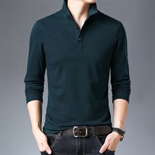 长袖T恤男翻领休闲上衣2023春季新款中年男士纯色纯棉polo衫男装图片