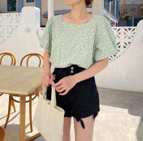 棉布刺绣泡袖上衣，女装，新袖