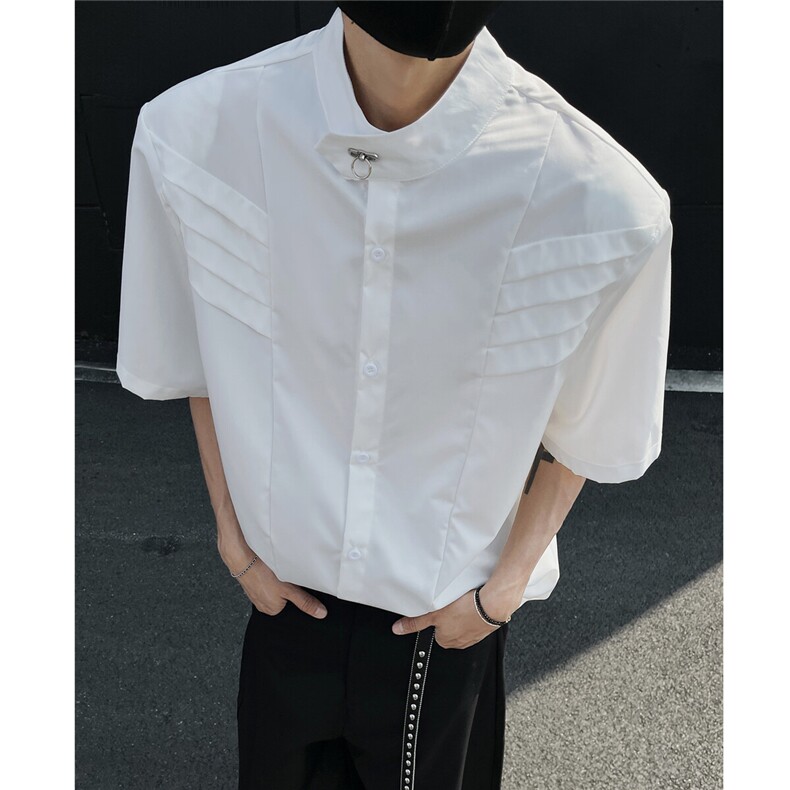 垫肩褶皱设计高质量夏季短袖衬衣立领金属扣饰潮牌衬衫859P42,男装衬衫,电商A458A