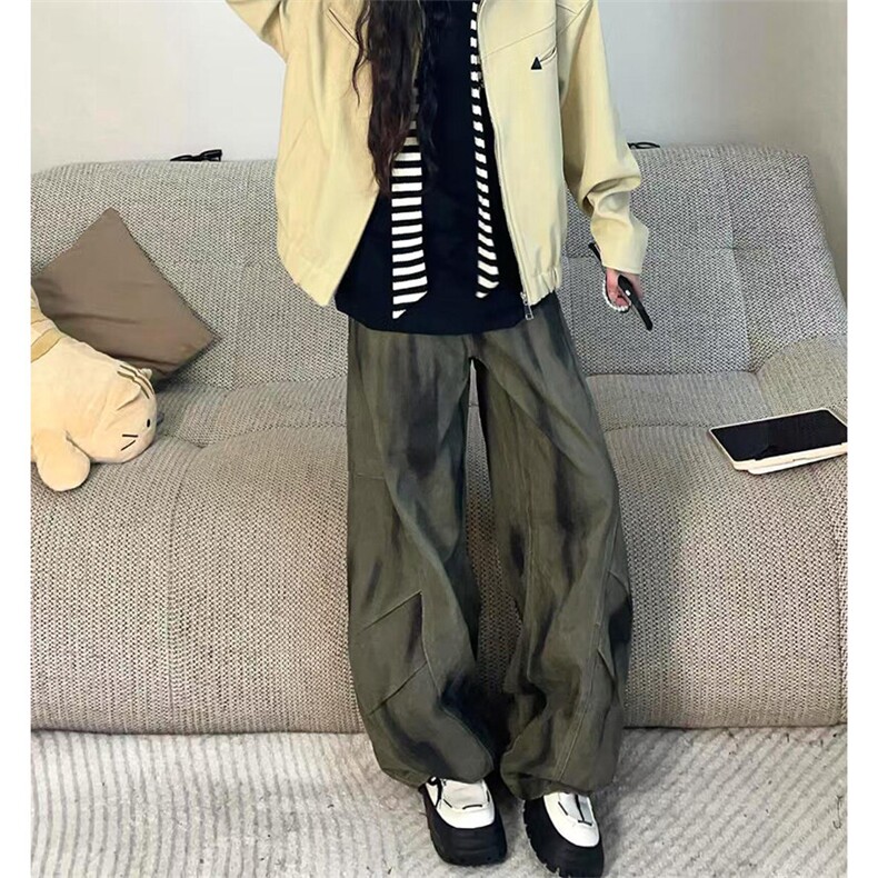 小众设计感宽松褶皱拼接做旧牛仔裤潮牌休闲阔腿廓形弯刀裤,男装牛仔裤,星座1018A