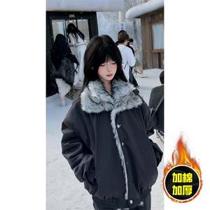 现货高品质美式高街重磅狼王座山雕毛毛领假两件棉衣加厚棉服外套图片