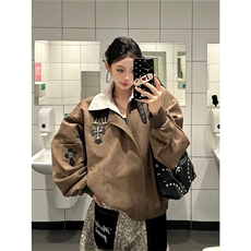 十字架贴皮刺绣翻领外套2026新款男女潮牌宽松撞色拼接夹克JY073，男装夹克，星座516A