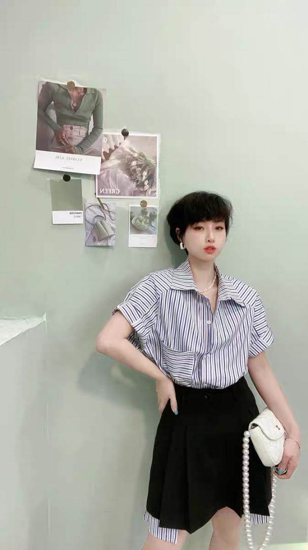 条纹两件套连衣裙，女装连衣裙，尚+