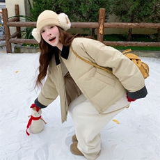 米色格子拼接复古撞色羽绒服女冬超火好看高级感保暖加厚短款外套，女装短外套，2C129