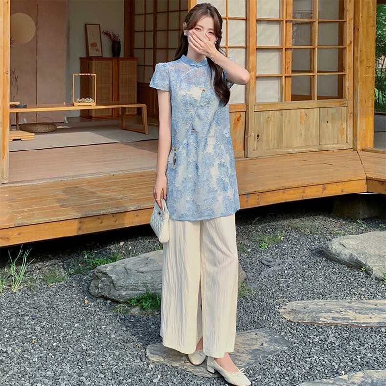 新中式国风套装女夏高级感复古提花时尚洋气减龄显瘦阔腿裤两件套,女装套装/套裙,玖莱伊