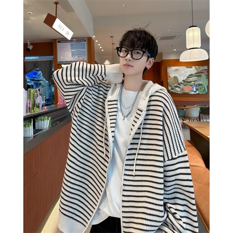 甜美条纹慵懒宽松学院连帽毛衣外套长袖拉链开衫ins针织MZ676-P57，男装针织衫/毛衣，星座412-2