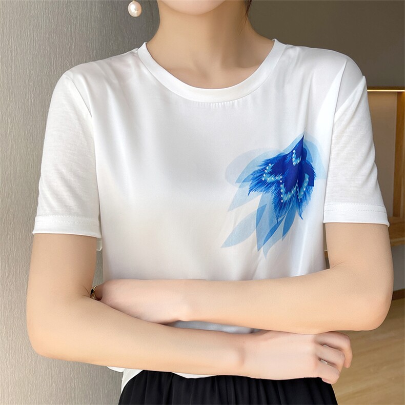 桑蚕丝一百拼接棉时尚短袖清凉夏日T恤多种花色,女装T恤,兴泰羊绒