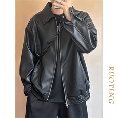 W639-P66痞帅Pu皮衣小众设计感潮牌双拉链垫肩皮夹克男机车服，男装皮衣，电商B323A