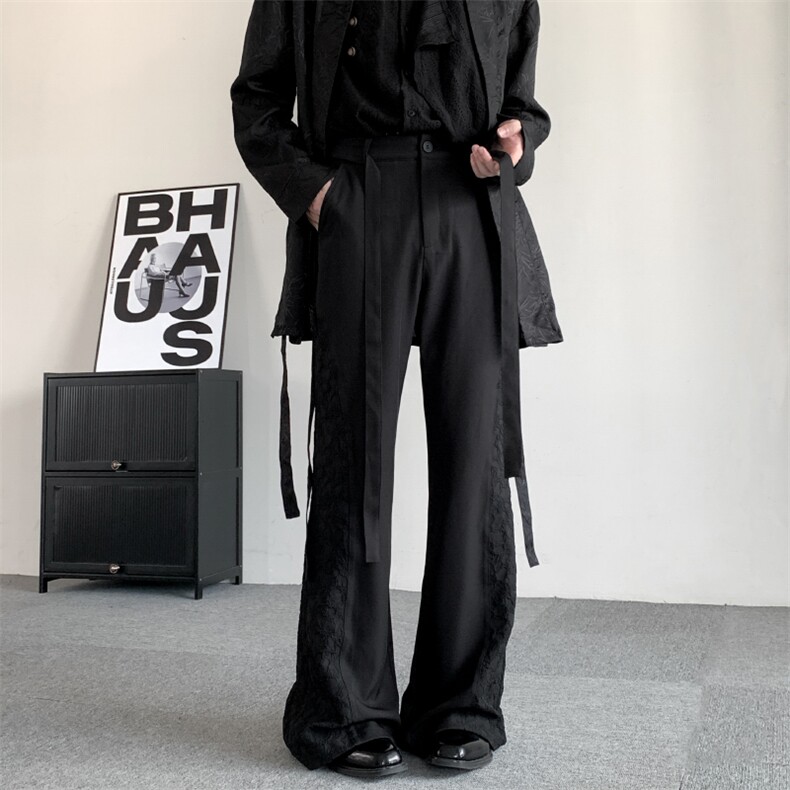 秋季暗黑复古拼接设计山本风绑带垂感高级微喇叭西裤新中式拖地裤图片