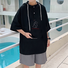LD54140-P45连帽短袖t恤男大码胖子带帽五分袖中袖，男装T恤，电商A040