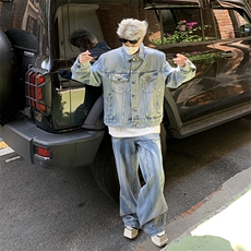 小众做旧复古水洗牛仔套装宽松夹克外套直筒裤两件套TZ027-P122，男装休闲套装，星座308B-1