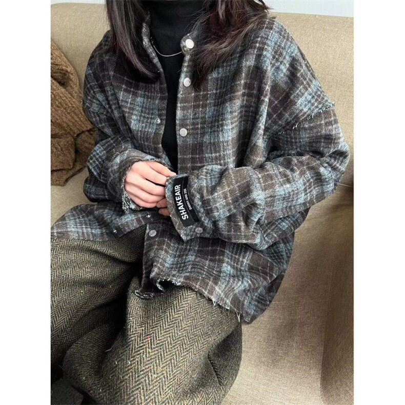 春季新款复古百搭慵懒小众格子立领长袖衬衫男女款C341,男装衬衫,星座1116A（原606A-3）