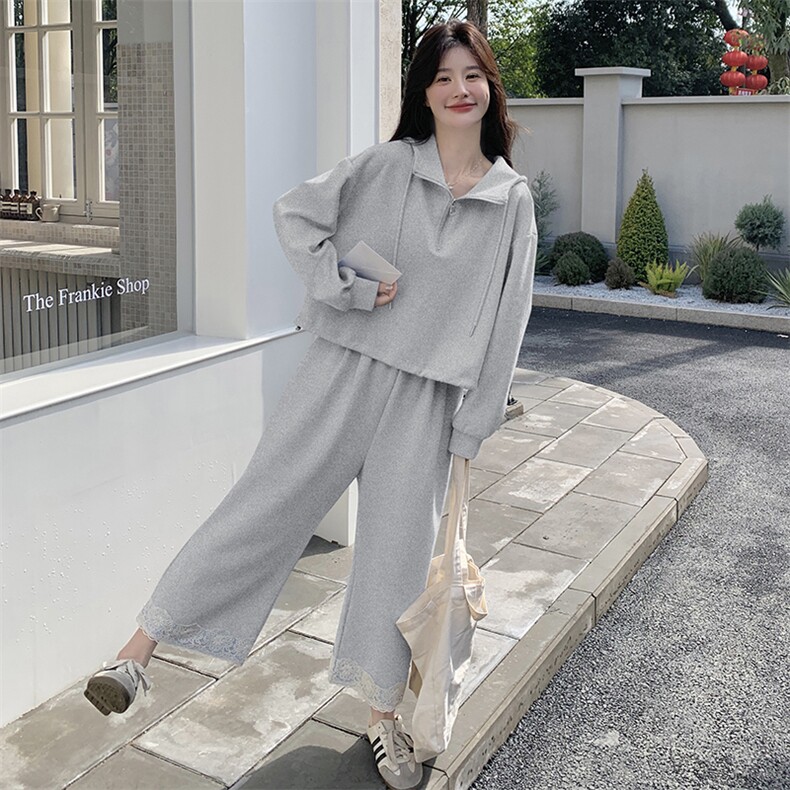 蓝色减龄连帽卫衣套装女2025春新款韩系设计感小个子阔腿裤两件套,女装套装/套裙,2C129