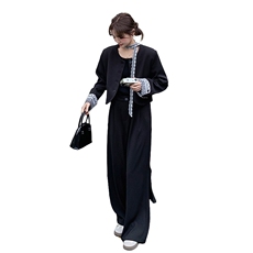黑色蕾丝拼接西装套装女秋2025新款大方得体西服阔腿裤穿搭两件套，女装套装/套裙，2D014
