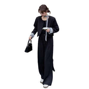 黑色蕾丝拼接西装套装女秋2025新款大方得体西服阔腿裤穿搭两件套图片