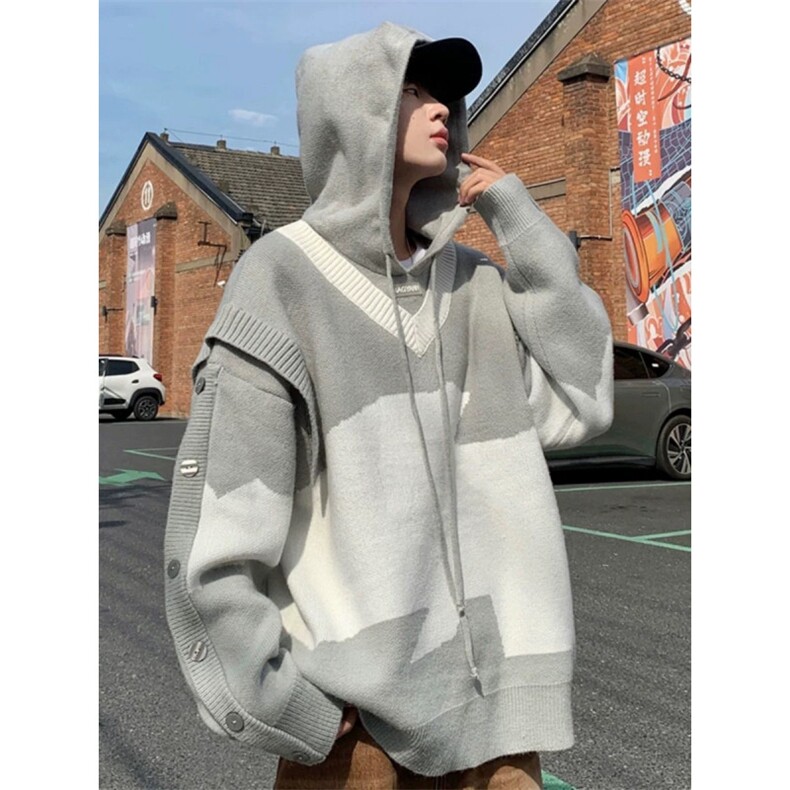 美式chic慵懒风撞色假两件针织毛衣男设计感连帽外套MY629-P62，男装针织衫/毛衣，星座308B-2