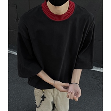 现货新款夏季老钱风圆领撞色落肩纯色男T恤A071-1213-P38，男装T恤，电商A071