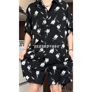 短袖衬衫男+短裤男潮流休闲套装男M-5XL大码TZ78712P50控98模特图图片