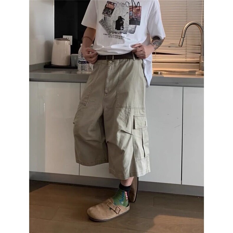 美式复古纯色工装休闲七分裤小众水洗宽松男女潮流日系 XA226图片