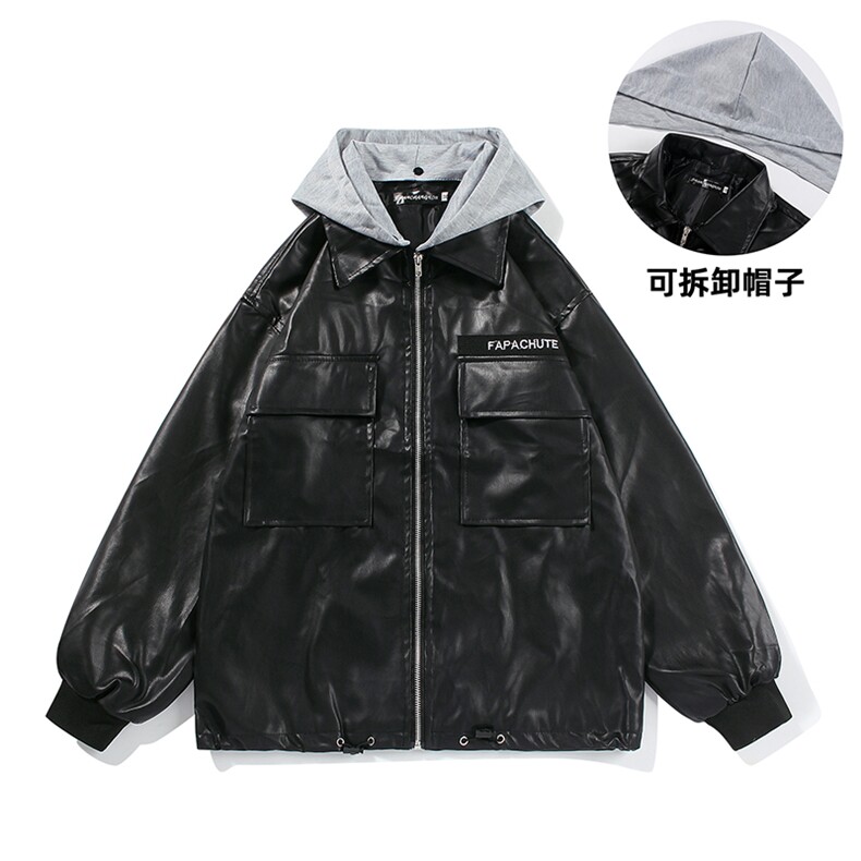 港风秋冬款男PU皮连帽夹克工装大口袋字母印花休闲皮外套JK16 P75图片