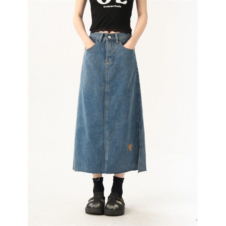 现货5927-P42牛仔开叉半身裙女森系文艺风复古百搭高腰a字裙，女装半身裙，电商A306A