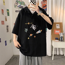 LD54142-P45连帽短袖t恤男大码胖子带帽五分袖中袖海报风，男装T恤，电商A040