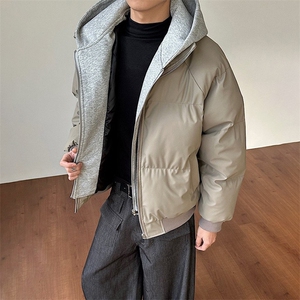 现货高品质重磅工艺美式高街假两件PU皮棉衣男女加厚棉服外套图片