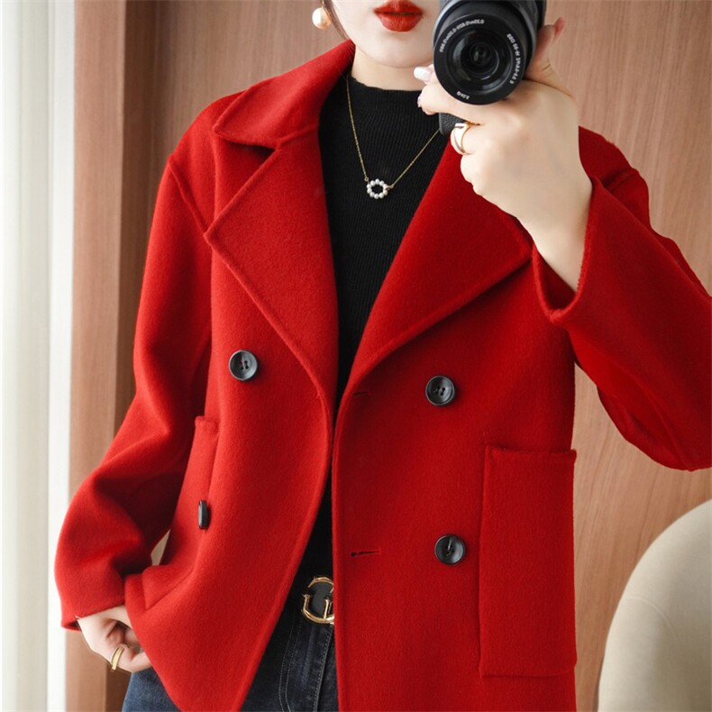 羊毛双面呢大衣女2024秋冬短款宽松毛呢小个子西装外套上衣，女装双面呢大衣，悦洋羊绒