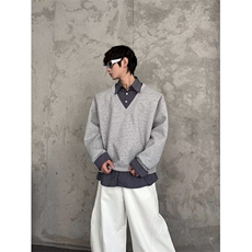 美式复古假两件衬衫领卫衣男条纹拼接重磅长袖外套513APL2717P45，男装衬衫，星座513A