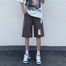 泥黄色破洞牛仔短裤男夏美式痞帅五分ins潮牌休闲裤子RK2753-P33，男装牛仔裤，星座412-2