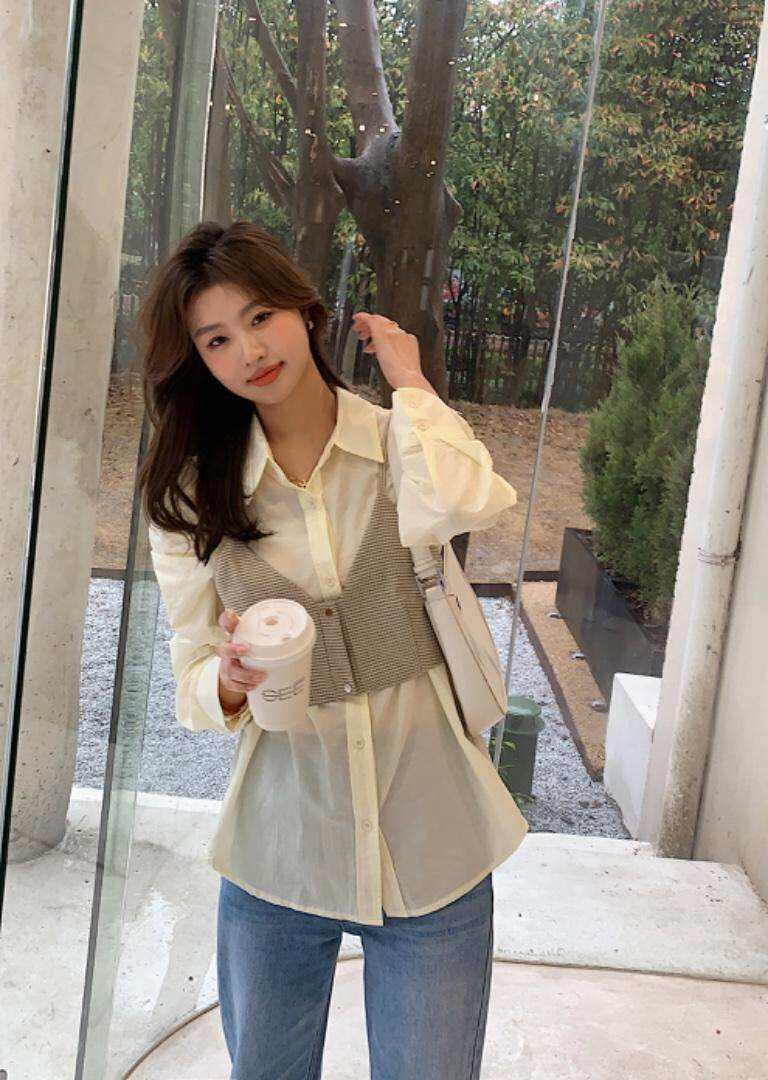 【现货】春款新泡泡袖背心两件套衬衫，女装背心吊带，NIY