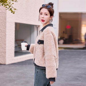 牛仔拼接粉色羊羔毛外套女冬季2025新款小个子独特超好看显瘦棉服图片