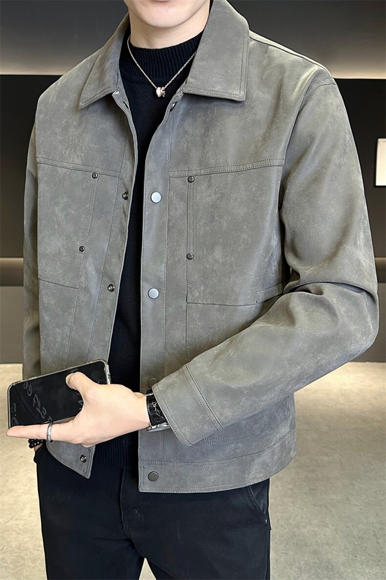 B353PY3516P140灰秋夹克男2025新款高级感翻领男装麂皮外套上衣,男装夹克,电商B353