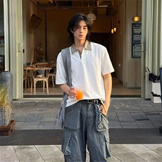 得物抖音高品质二开夏季美式潮牌假两件格子衬衫翻领高街短袖T恤，男装T恤，电商A486