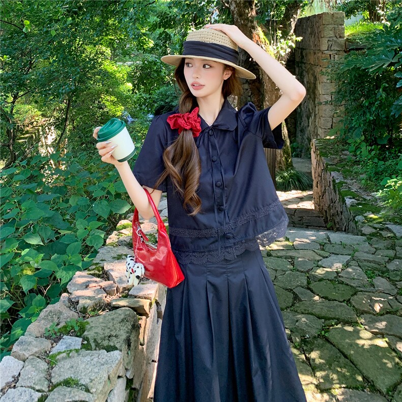 蕾丝拼接娃娃领系带上衣松紧腰半裙学院风套装女,女装套装/套裙,水衣源