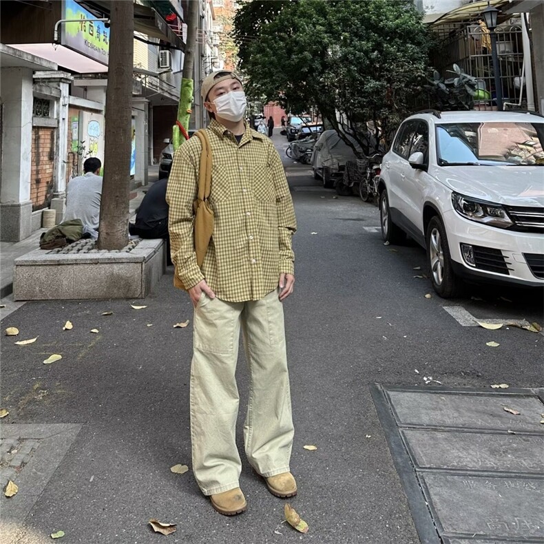 K417-P40美式复古黄色格子衬衫男女春秋高级感休闲宽松防晒长袖,男装防晒衣,电商B323A