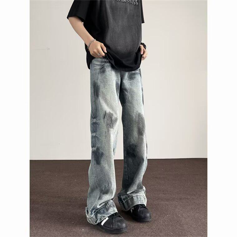 美式高街扎染牛仔裤男潮牌痞帅宽松百搭阔腿裤复古做旧直筒裤男潮，男装牛仔裤，星座813-2