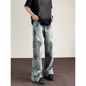 美式高街扎染牛仔裤男潮牌痞帅宽松百搭阔腿裤复古做旧直筒裤男潮，男装牛仔裤，星座813-2