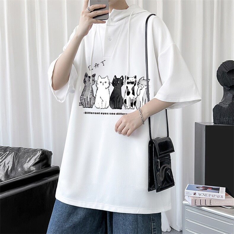 LD54100-P45连帽短袖t恤男大码胖子带帽五分袖中袖,男装T恤,电商A040