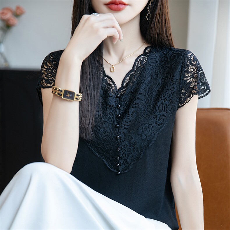 时髦洋气V领蕾丝短袖女时尚显瘦花边背心设计感小香风上衣冰丝t恤,女装T恤,菲奥羊绒
