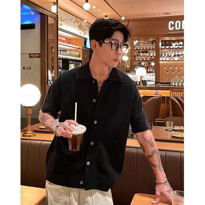 老钱风冰丝针织开衫短袖男夏季透气t恤镂空复古翻领半袖 MY64图片
