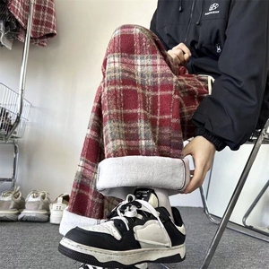 DA923-1-加绒P52毛呢格子裤子男秋冬高腰垂感拖地复古加绒阔腿裤图片