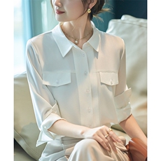 2025年夏季修身型百搭七分袖POLO领有内涵得缎面衬衫，女装衬衫，帝知娇羊绒
