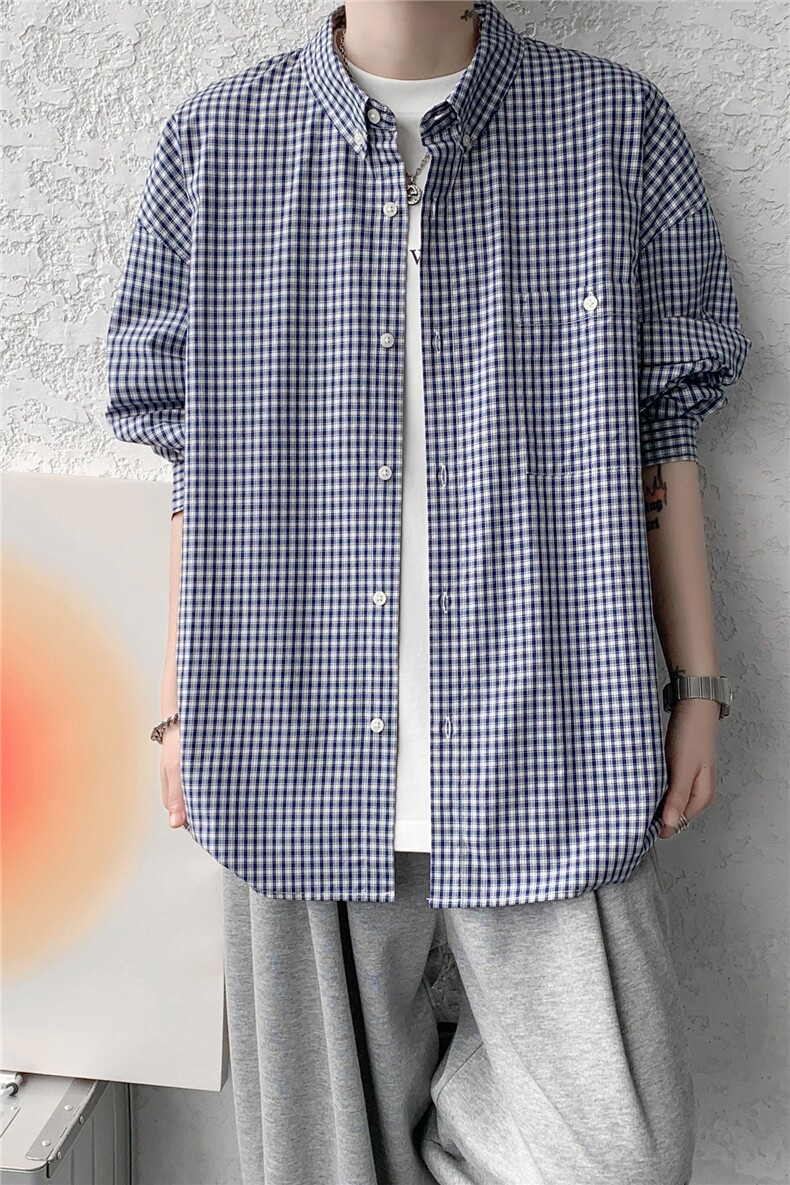 8XL-Mmiu系穿搭复古蓝格子衬衫男宽松纯棉长袖衬衣男CS540-P45,男装衬衫,电商D206-1