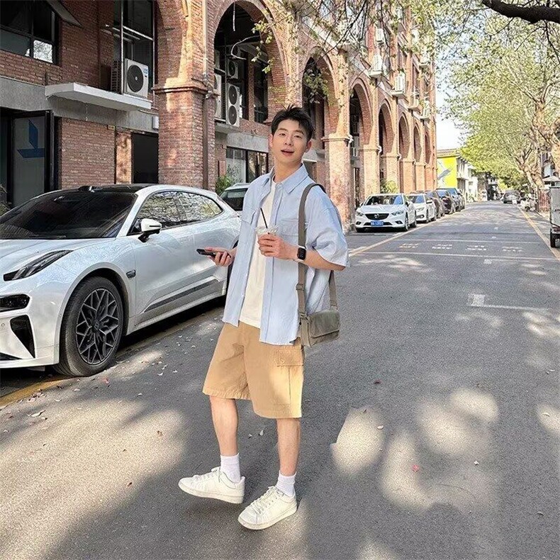 网图现货美式宽松翻领蓝色短袖百搭衬衫男CS5256/P35,男装T恤,星座205-3