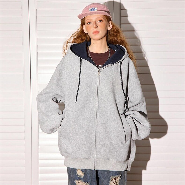 抖音得物二开美式高街重磅结构双层撞色连帽卫衣开衫外套W116，男装卫衣，电商A486