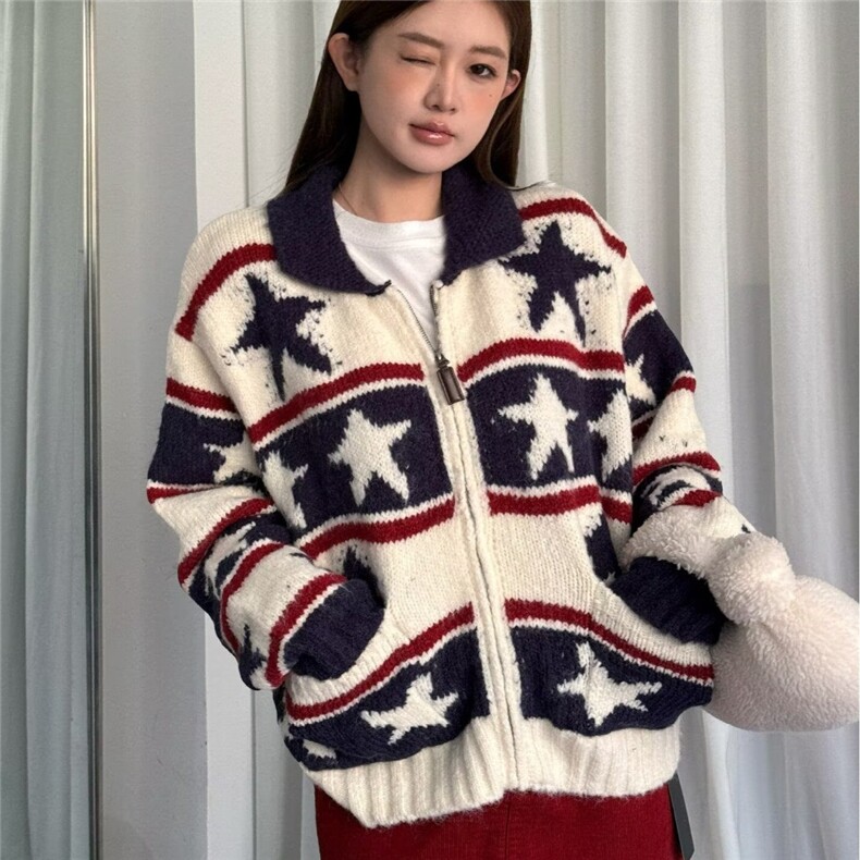 PENDLETON厚粗冬男装翻领纯羔羊毛织花复古长袖针织拉链外套上衣,女装短外套,星座506A
